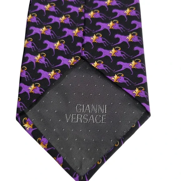 Gianni Versace Mens Necktie Luxury Purple Black Silk Tiger Woven Embroidered‎